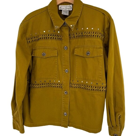 Saint Germain Paris women's size Medium chartreuse Studded  denim Jean Jacket - Picture 6 of 10